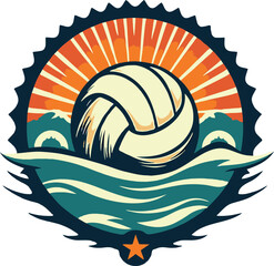 Vintage beach volleyball emblem design with waves and sun