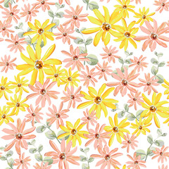 Yellow and pink daisy flowers, green leaves, white background. Floral illustration. Vector seamless pattern. Botanical design. Summer meadow 