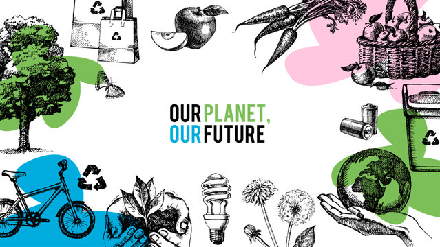 Hand drawn vintage eco-friendly ecology collage banner. Green project and exhibition design. Vector sketch vector illustration