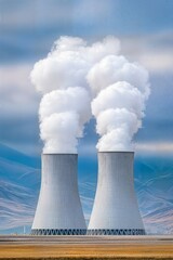 Obraz premium Industrial power plant with tall chimneys emitting dense white smoke against a dramatic cloudy sky. Energy production and air pollution concept