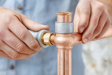 Close-up of hands assembling a copper plumbing pipe using metal and brass fittings. Home repair, installation, or maintenance concept. Ideal for tutorials, service promotions, or instructional content