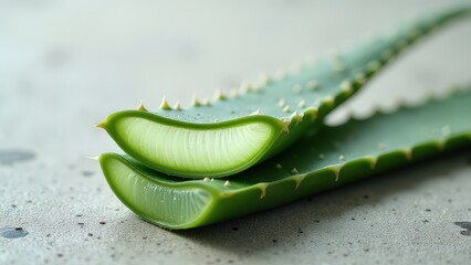 Aloe Vera Leaf with Spikes and Gel on Matte Stone Surface