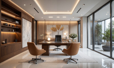 High-end corporate office with a glass desk, leather chair, and elegant wood accents. Task lighting highlights the desk area, while ambient lighting fills