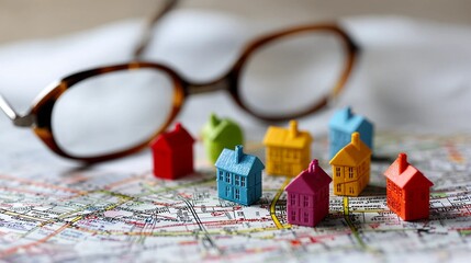 Colorful miniature houses scattered on a detailed map with reading glasses