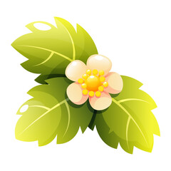 A stylized vector strawberry flower with white petals and green leaves. Bright, juicy, and cute illustration. Perfect for design, stickers, or prints.