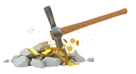 Isolated Pickaxe Striking Gold Nuggets and Coins
