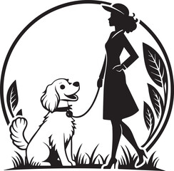 Graceful vector illustration of a fashionable woman and her sitting dog with leafy design. Ideal for boutique pet shops, dog grooming logos, and stylish pet-themed prints.