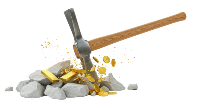 Isolated Pickaxe Striking Gold Nuggets and Coins