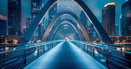 Futuristic pedestrian bridge design with geometric arches and metal details with urban skyline as backdrop at twilight hour.