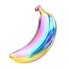 Glossy 3D banana with holographic chrome texture. Y2K-inspired shape, pastel rainbow reflections, shiny metallic finish, freeform molten design.