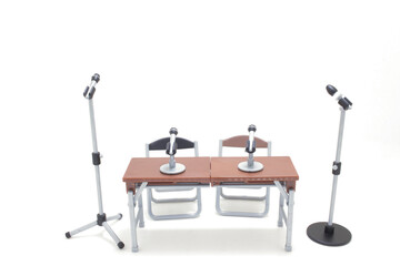 Miniature Furniture Set Including Desk, Chairs, and Microphone Stand