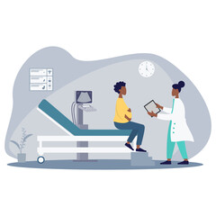 Pregnant black woman having an exam at a gynecologist to checkup on fetal development isolated on a white background. African American family doctor doing a routine pregnancy consultation at a clinic