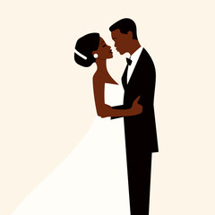 An African American couple getting married on their wedding day isolated on a light background. Black man in a suit and a woman in a dress feeling in love on their special day