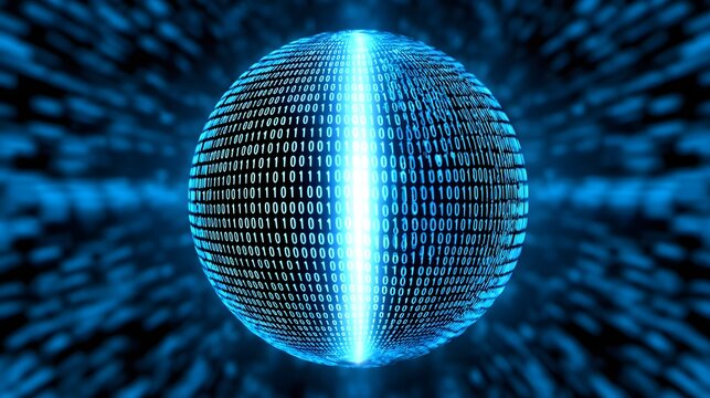 Glowing digital sphere made of binary code