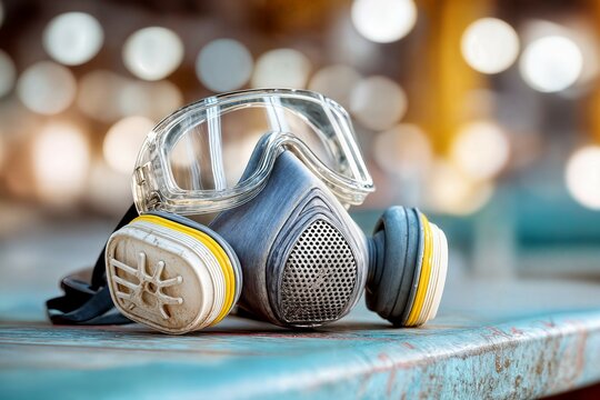 Used protective respirator mask with goggles. Industrial safety and workplace protection concept. Ideal for blogs, brochures, or safety awareness content.