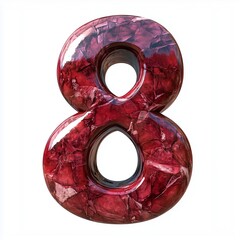 Number 8 shaped from red stone texture glossy font, isolated white
