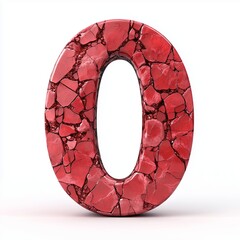 Number 0 shaped from red stone texture glossy font, isolated white