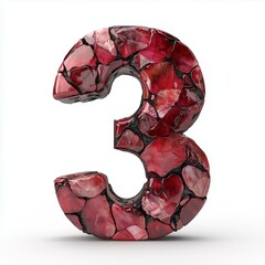 Number 3 shaped from red stone texture glossy font, isolated white