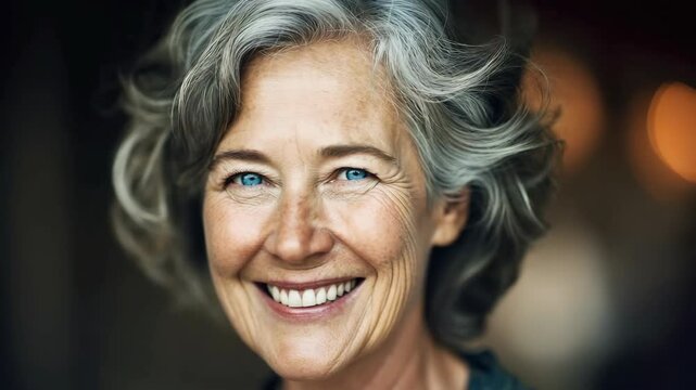Smiling Older Woman with Curly Gray Hair in Natural Light Setting Showing Joy and Confidence with Soft Background Highlights