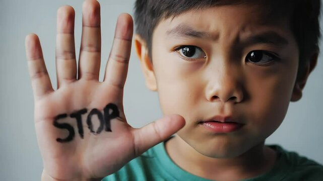 Young boy showing stop sign on hand against violence
