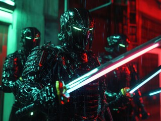 Futuristic group with glowing swords