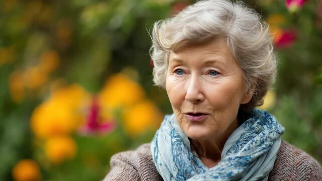 Joyful senior woman enjoying nature in a vibrant flower garden, expressing happiness and serenity with colorful blooms in the background