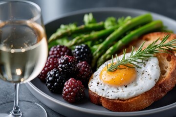 A beautifully arranged plate of gourmet breakfast featuring an egg on toast, asparagus, blackberry, and a glass of white wine, celebrating culinary elegance and taste.