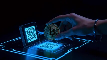 Hand holding a Bitcoin coin above a glowing QR code on a futuristic digital interface - Powered by Adobe