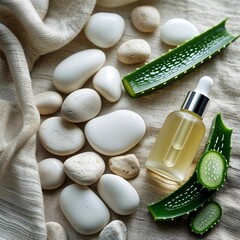 Flat Lay with Aloe Vera, Serum Dropper Bottle and White Pebbles on Natural Linen, Spa-Inspired Organic Skincare Scene