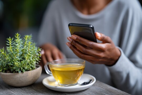 A close-up image of a person holding a smartphone while sipping herbal tea, symbolizing a blend of technology and relaxation during a peaceful moment.
