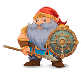 cartoon fantasy dwarf character with a bright blue beard and armor wearing an orange hat he stands firmly with a determined expression the design is a colorful vector illustration emphasizing fantasy 