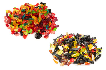 Assorted colorful gummy candies isolated on a white background. Top view.