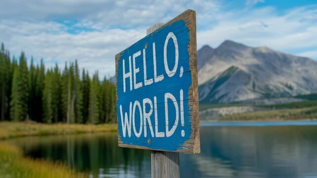 Blue wooden sign with ''Hello, World!'' text standing by clear lake in peaceful nature, concept of greeting and communication, footage.