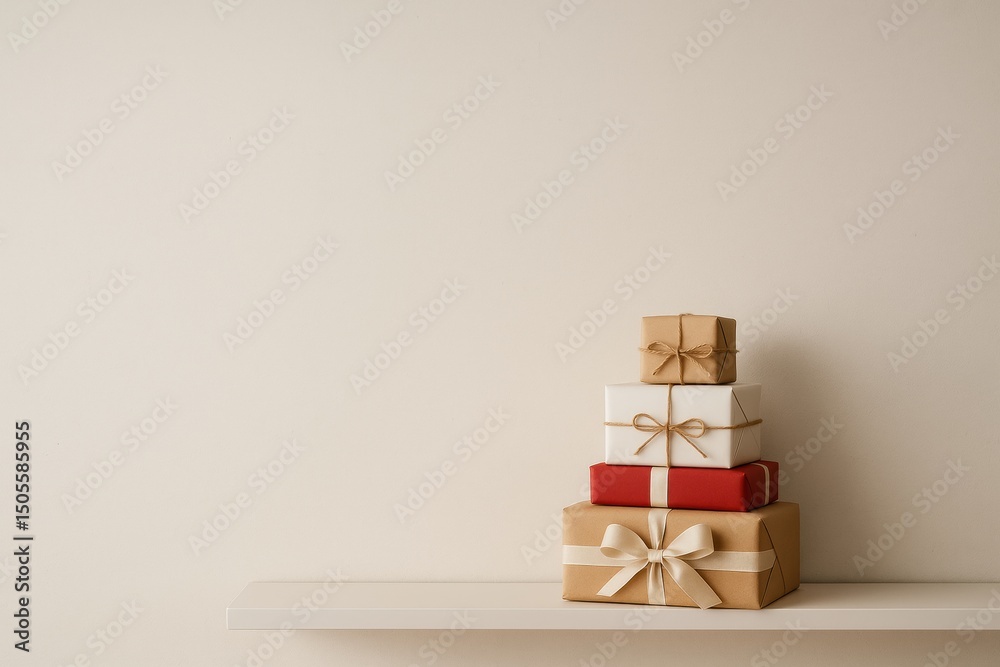 Aufkleber decorative gift boxes arranged neatly on a shelf in a modern, minimalist setting during daylight