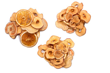 Dried fruit isolated on white background. Dried grapefruit, dried apple, dried pear.