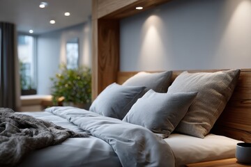 A stylish modern bedroom setting adorned with plush pillows and soft bedding, promoting relaxation and comfort while creating an inviting atmosphere for rest.