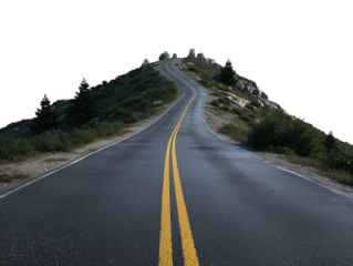 Road to the Summit: An asphalt road winds its way up a rugged hillside, flanked by lush greenery, beckoning the viewer towards the peak with a sense of adventure and journey.