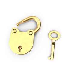 Vintage Brass Padlock and Key Isolated on Transparent Background