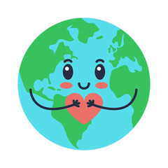 Cartoon-style illustration of a smiling Earth character holding a red heart. Isolated on white background. Symbol of love, care, and environmental awareness. Flat vector.