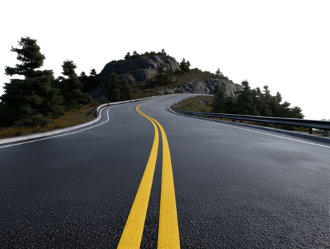 Winding Road to Adventure: An asphalt road with yellow lines gracefully curves, leading towards a rocky mountain landscape, inviting a journey of discovery.