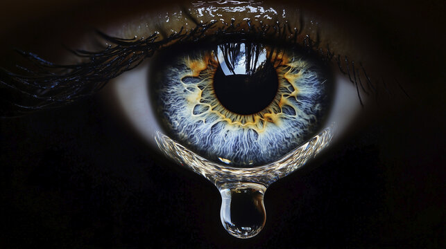 A close-up of a human eye with a tear hanging from the lower eyelid, highlighting intricate iris patterns and reflections.