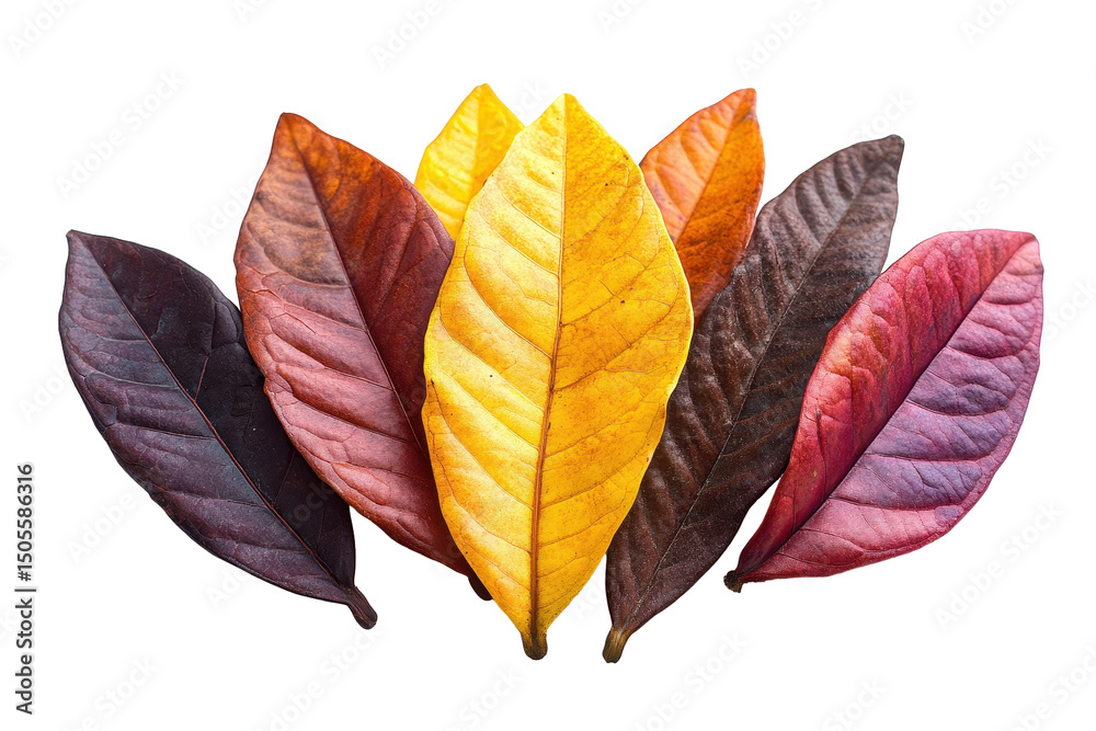 Poster colorful assortment of autumn leaves arranged in a fan shape on a transparent background showcasing 