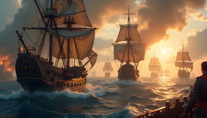 Obraz premium Historic sailing ships at sunset during naval expedition