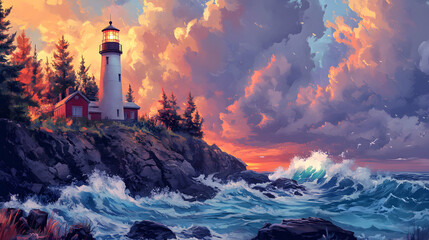 Lighthouse Ocean Sunset Coastal Scenery A beautiful landscape illustration of a white lighthouse on a rocky cliff at sunset with crashing waves and colorful clouds picturesque seascape