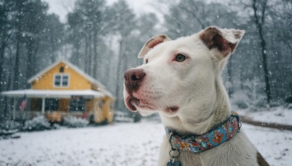 Dog's serene gaze amidst the snow-covered landscape with charming yellow home