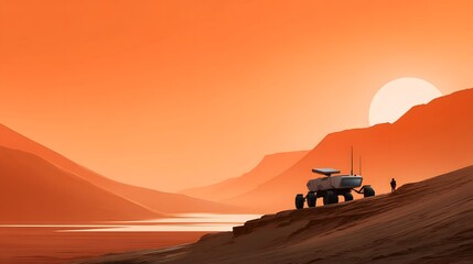 Mars rover explores an alien desert landscape at sunset