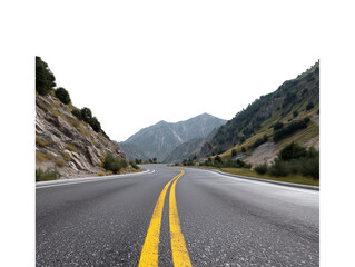 Naklejka premium Journey's Vista: The open road stretches ahead, disappearing around a curve as it winds its way through a dramatic mountain landscape