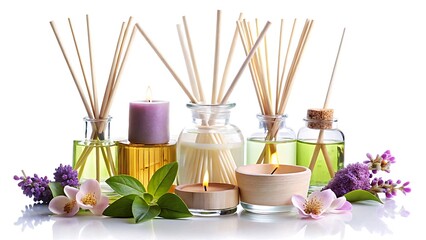 Aromatherapy set with candles reed diffusers flowers and leaves on white background