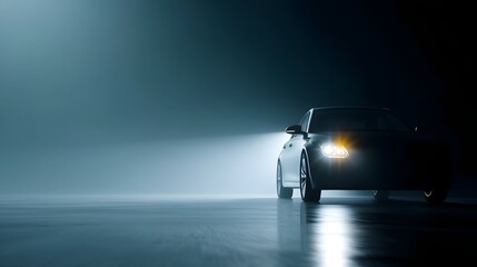 Fototapeta na wymiar Car emerging from fog with headlights on, moody noir thriller concept