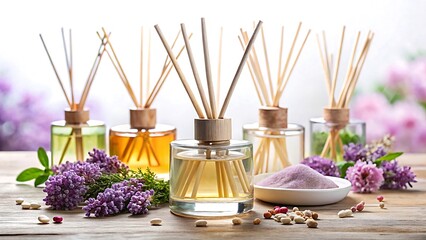 Aromatic reed diffusers displayed with lavender flowers and scented elements on wood